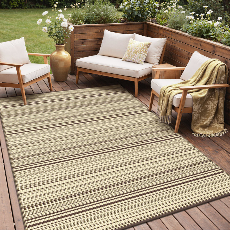 Shimeek Striped Outdoor Area Rug, Waterproof Plastic Outdoor Mat, Coffee&Beige,Rectangle 5' x 8', Rectangle 5' x 8'