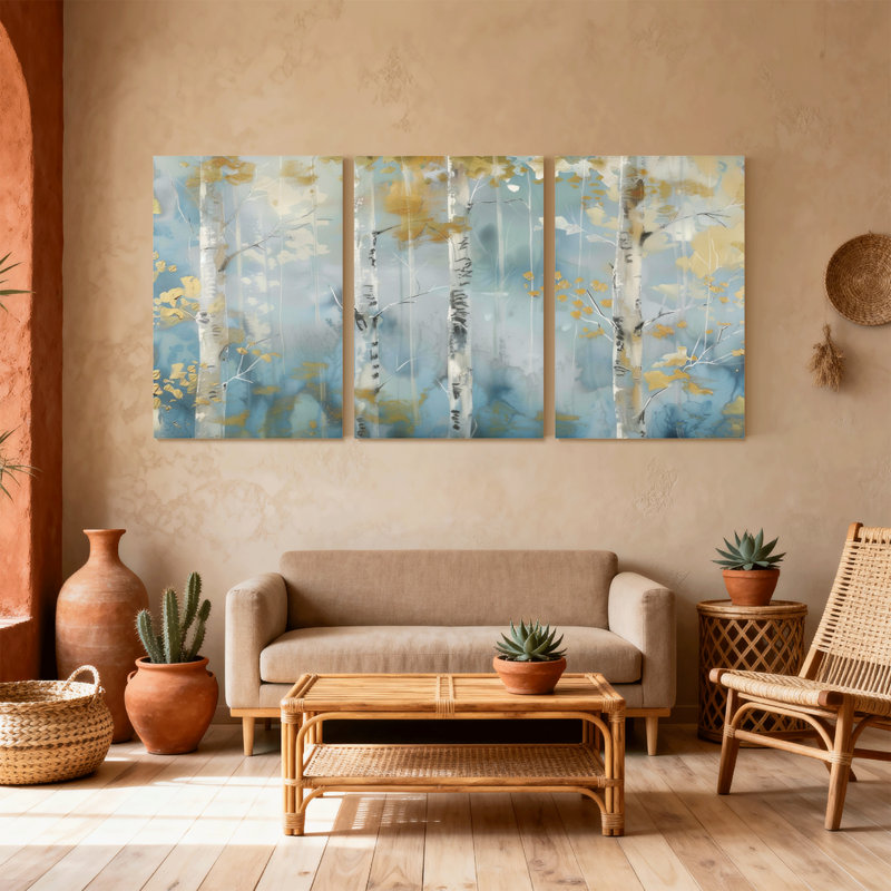 «Landscape & Nature Birch Trees Autumn Leaves Blue Sky», ensemble de 3 impressions sur toile, H 36 po x l 72 po