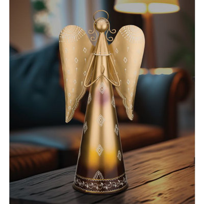 Figurine d'ange debout en métal avec une aile complexe et une œuvre d'art peinte à la main détaillée