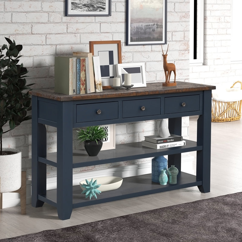 Console en bois de pin massif 48 po, table d'appoint moderne avec 3 tiroirs de rangement et 2 tablettes. Facile à assembler (bleu marine + plateau brun)