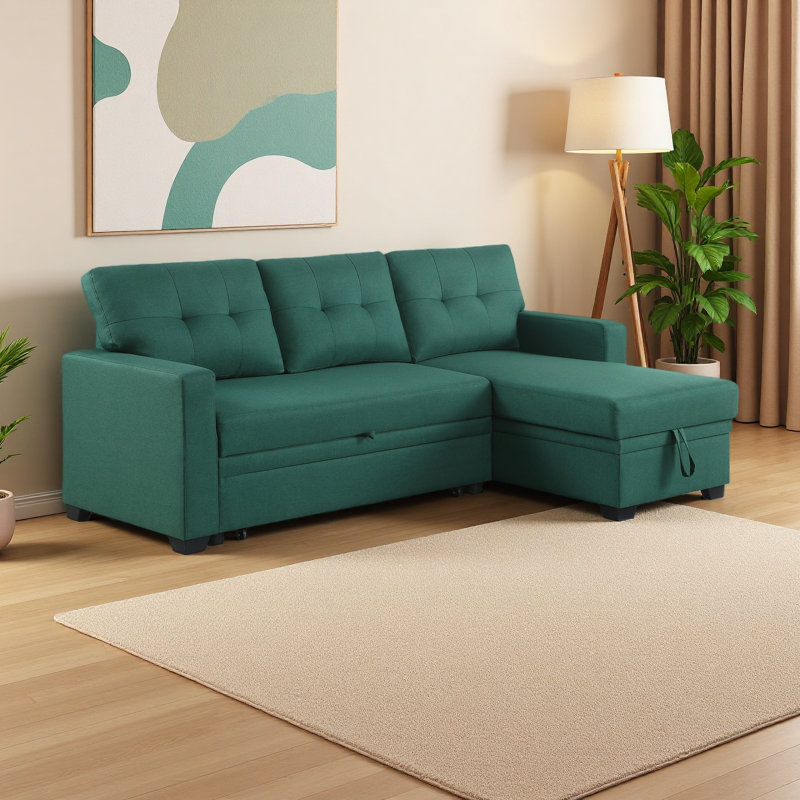 Canapé modulaire convertible rembourré avec méridienne coulissante, Orienté à droite, Vert