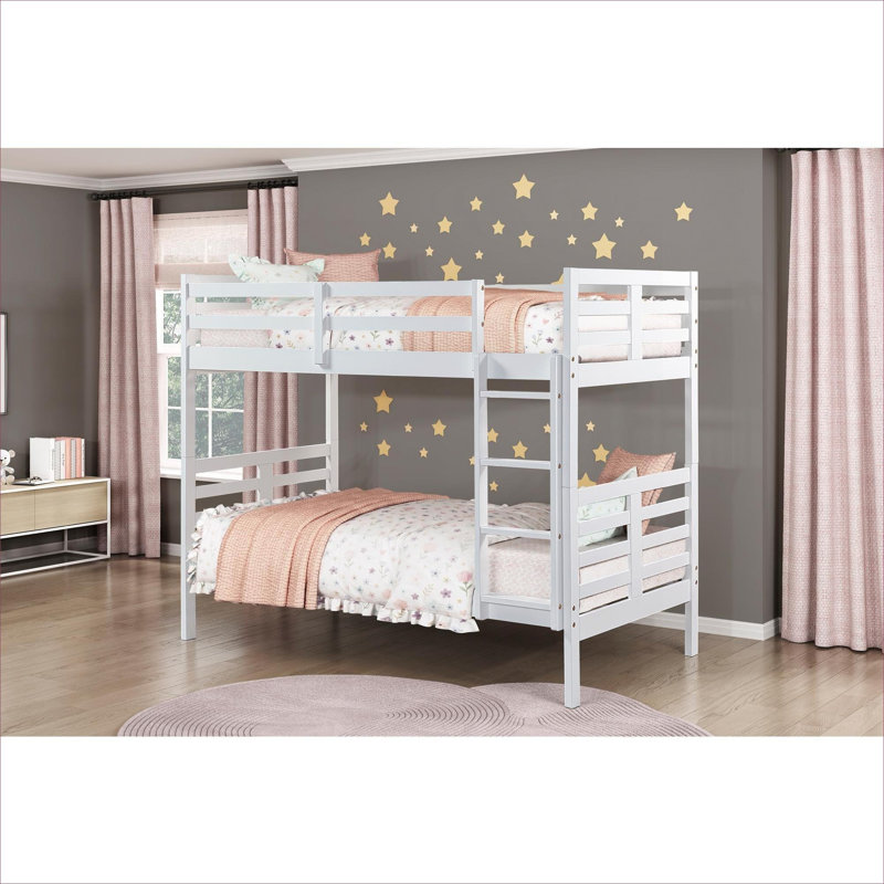 Lit superposé simple au-dessus d'un lit simple en bois massif pour la jeunesse, fini blanc, sans sommier tapissier Capacité de 300 lb par lit