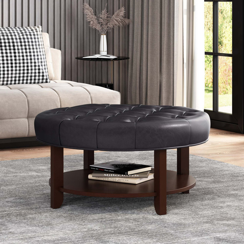 Jadaya Faux Leather and Rubberwood Round Ottoman with Open Shelf, Midnight Black