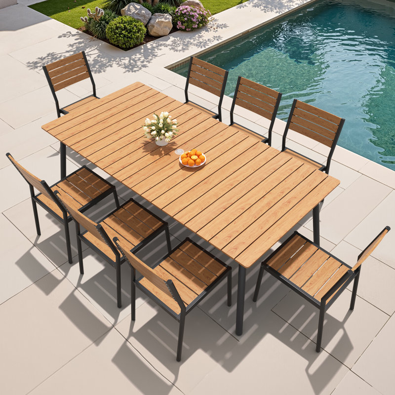 8-Person Aluminum Outdoor Dining Set With Umbrella Hole And Stackable Chairs, Brown