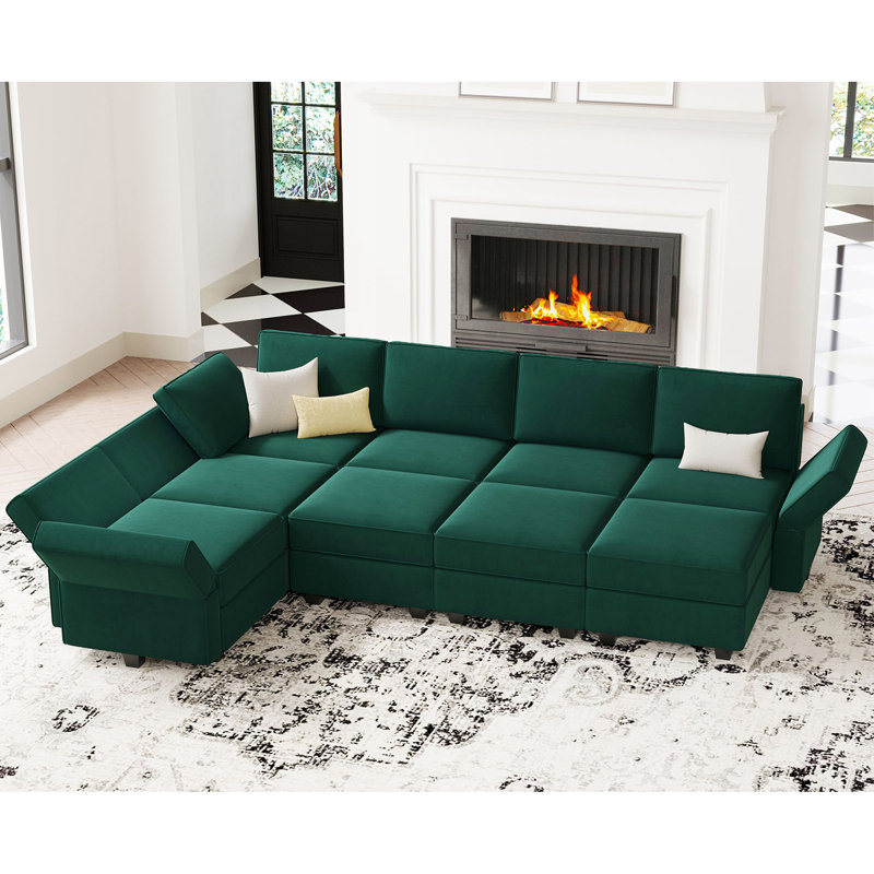 Teangela 116.6'' Variable Sectional U Shape Couch Module Velvet Sofa Bed with Storage Seat Ottoman, Green Velvet
