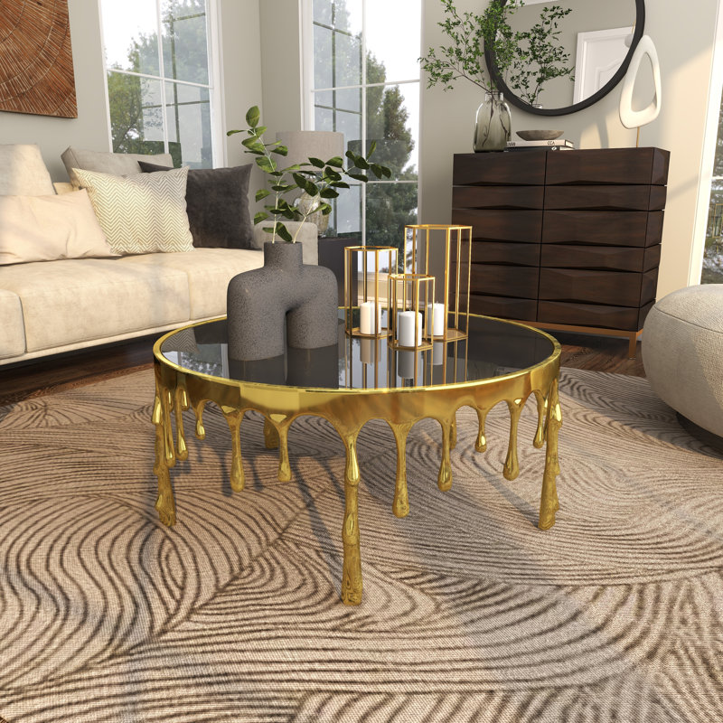 Aluminum Metal Drip Living Room Coffee Table with Melting Designed Legs and Shaded Glass Top, Gold