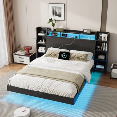 Cadre de lit flottant moderne avec station de charge USB, tête de lit avec rangement et base de lit en métal robuste et robuste, sans sommier