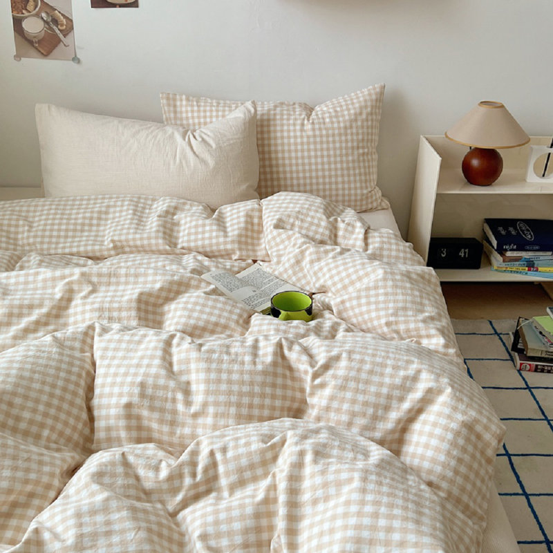 Ensemble de literie à carreaux Nhooroom, Housse de couette grand et 2 taies d'oreiller stan, Beige