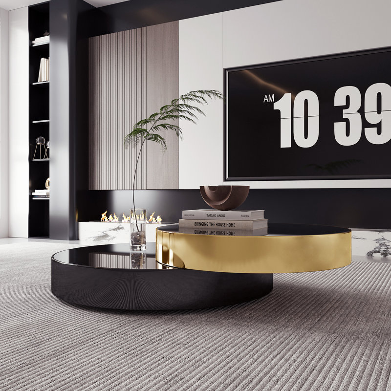 Modern Oversize 39.37' Round Coffee Table Set, Extendable Nesting Table Gold & Black Finish with Glass Top