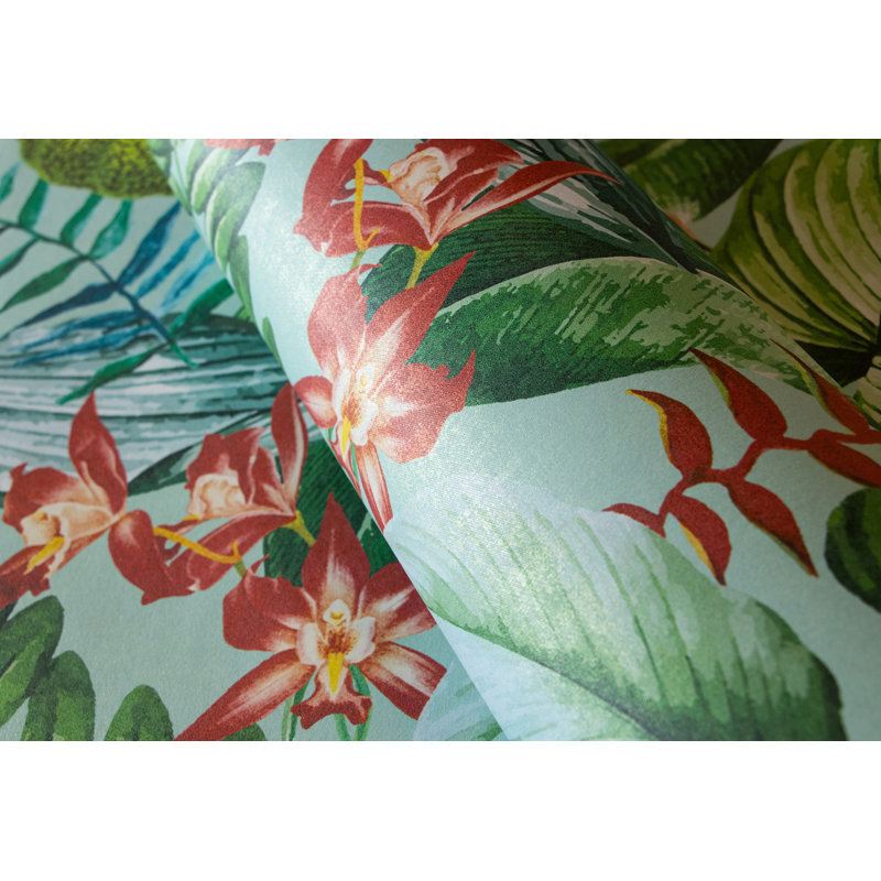 Tropical Collection Kiribati Floral Inspired 27.8' L x 27.5" W Wallpaper Roll, Blue Banana