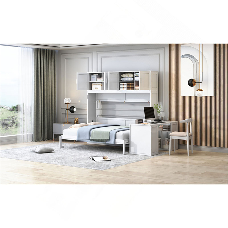 Lit escamotable mural avec bureau, tablettes de rangement et grandes armoires