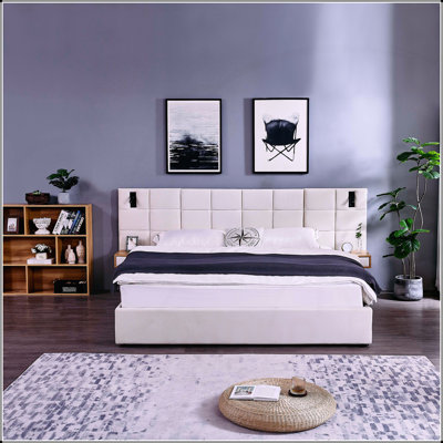 King Size Storage Velvet Upholstered Hydraulic Platform Bed with 2 Shelves, 2 Reading Lamps and USB Port, Beige by Mercer41