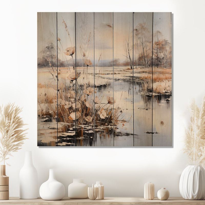 River Meadow Charm in Winter - Art mural en bois sur bois de pin naturel, H 15 po x l 15 po