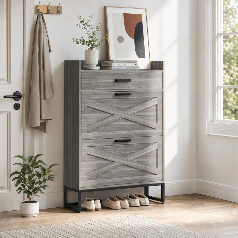 Armoire à chaussures étroite 2 portes rabattables et tiroir supérieur, grain de bois gris