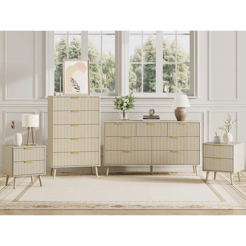 Ensemble de chambre à coucher, commode et tables de chevet 4 pièces, Crème