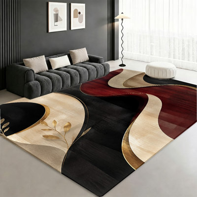 Tapis moderne à vagues abstraites, motif floral rouge, noir et beige, design artistique, antidérapant, décoration intérieure élégante pour salon, chambre, entrée, cuisine, balcon, appartement