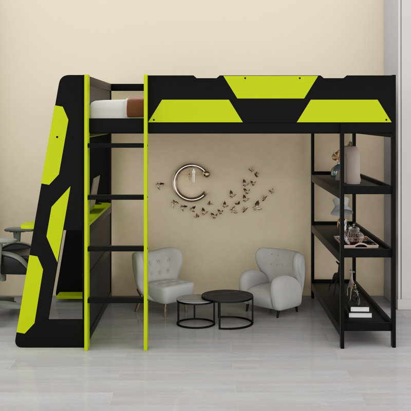 Lit mezzanine avec bureau de jeu, tablettes de rangement et éclairage DEL, Noir et vert