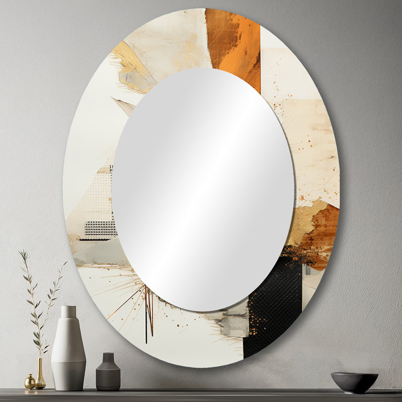 Doré et gris Sunset Collage IV - Miroir décoratif abstrait ovale sur métal, H 43 po x l 33 po