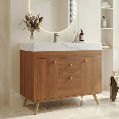 Meuble-lavabo autoportant moderne de 36 po avec plateau en pierre frittée, lavabo et rangement en céramique Aime