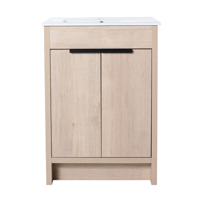 24" Bathroom Vanity In Freestanding Style, 2 Soft-Close Doors, Plain Oak, Plywood, Adjustable Shelves For Optimal Storage Cabinet Vanity, Door, Better Organization