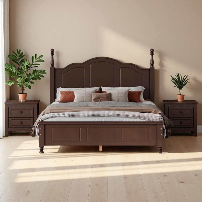 3-Pieces Bedroom Sets, Wood Platform Bed And Two Nightstands, Full, Walnut