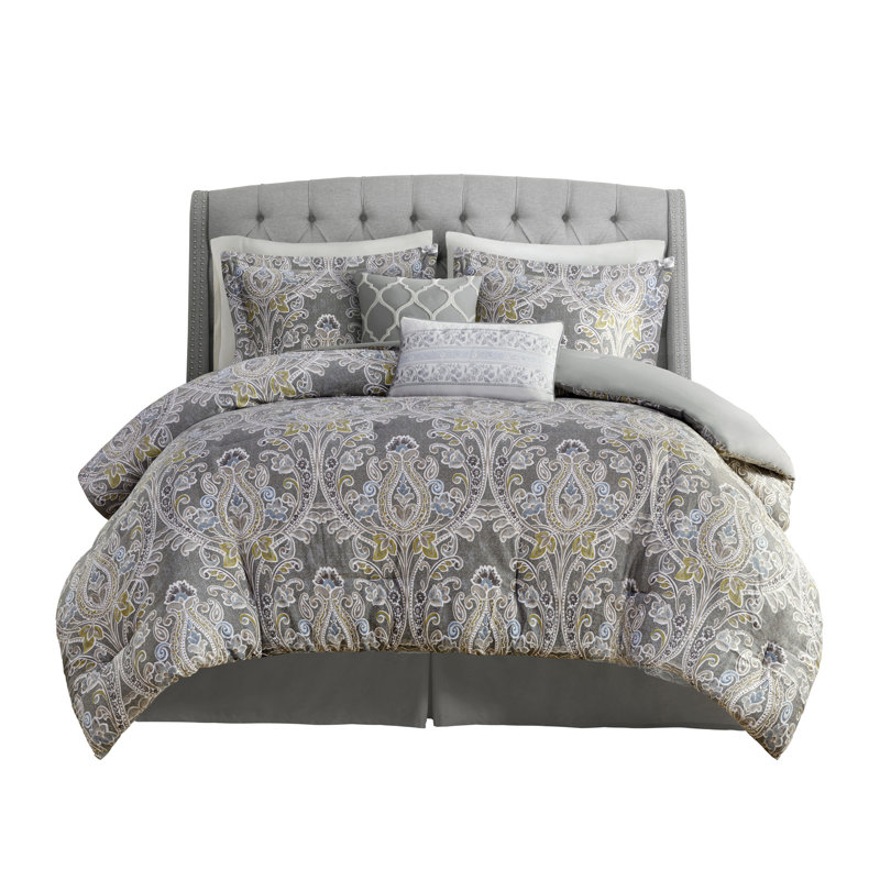 Ensemble de literie en coton 6 pièces de qualité supérieure, édredon damassé gris avec rembourrage hypoallergénique