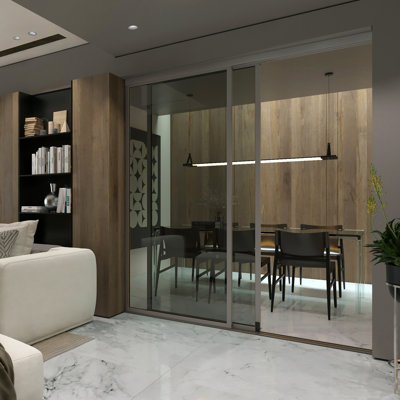 2 Panel LiteSmoked Glass Sliding Room Divider - Aluminum Frame with Silent Glide technology
