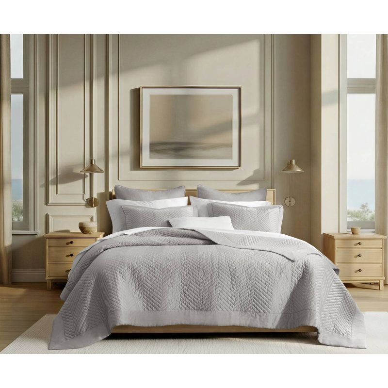 Ensemble de courtepointe en coton 3 pièces pour très grand lit gris clair, Courtepointe très grand + 2 taies d'oreiller, Gris