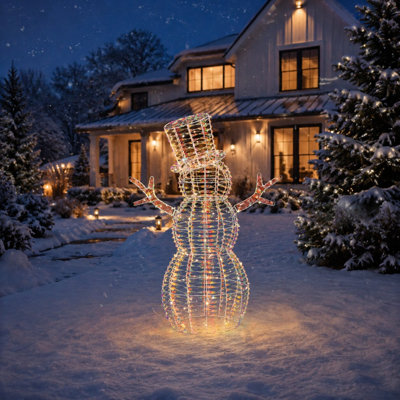 Bonhomme de neige lumineux irisé chaud de 91 cm (36 pouces) avec chapeau haut-de-forme et bras en brindilles, fonctionne sur piles