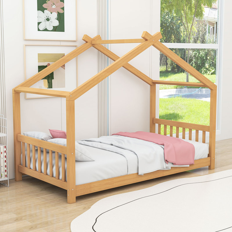 Twin Size House Platform Bed With Headboard And Slats, Natural