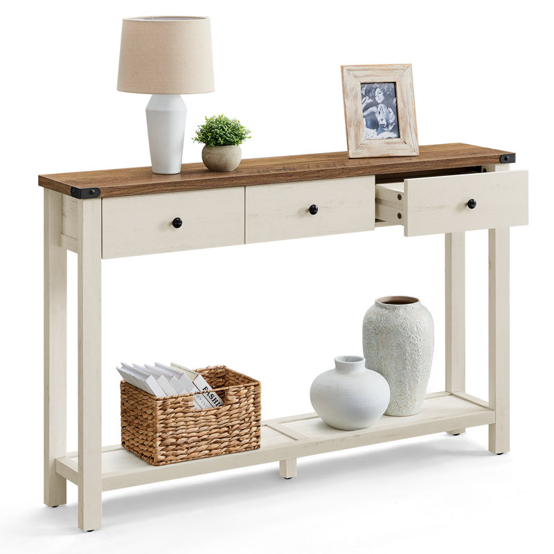Sahai Console Table with 3 Drawers, 	Rustic White, 30.3'' H x 47.6'' W x 9.8'' D
