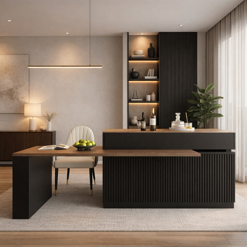 64.3-Inch To 114-Inch Extendable Kitchen Island, Featuring An Extendable And Adjustable L-Shaped Countertop, A Wine Cabinet, And 3 Storage Cabinets And Drawers