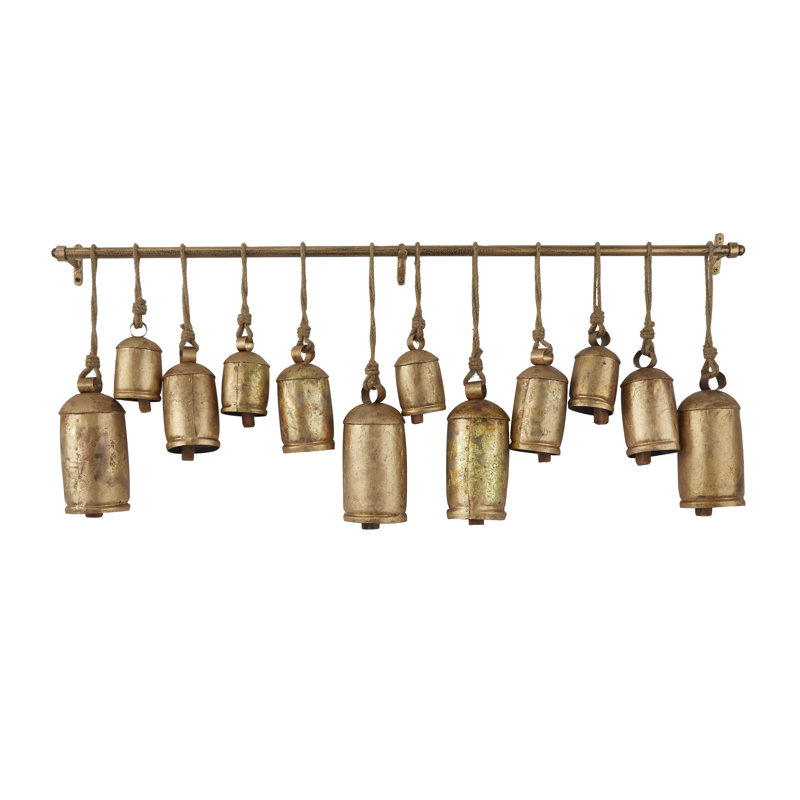 Kristen Metal Tibetan Inspired Decorative Cow Bells with 12 Bells on Jute Hanging Ropes and Rod, Gold