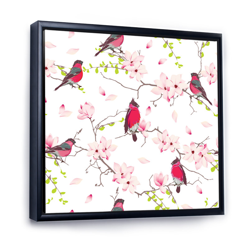 Red Bullfinches on Magnolia Tree - impression sur toile, H 36 po x l 36 po x P 1,5 po, Cadre noir