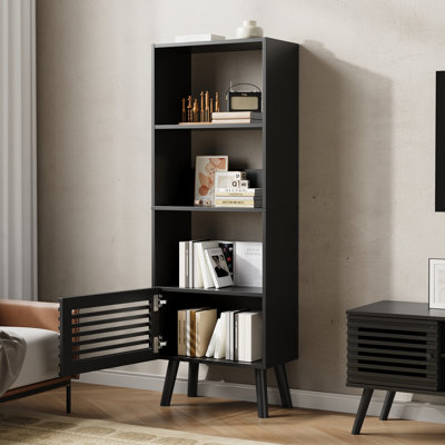 Bibliothèque ouverte à cubes, bibliothèque autoportante, bibliothèque d'angle étroite à lattes avec 5 cubes, armoire de rangement moderne de style Mid-Century pour le salon, le bureau personnel, le chêne