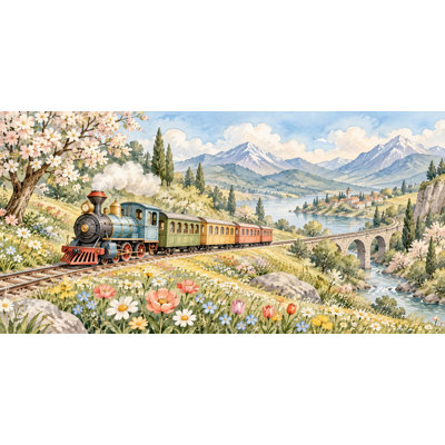 Flower Meadow Train Wallpaper Mural, Peel and Stick Kids Room Wall Mural, Watercolor Steam Train Nursery Wallpaper