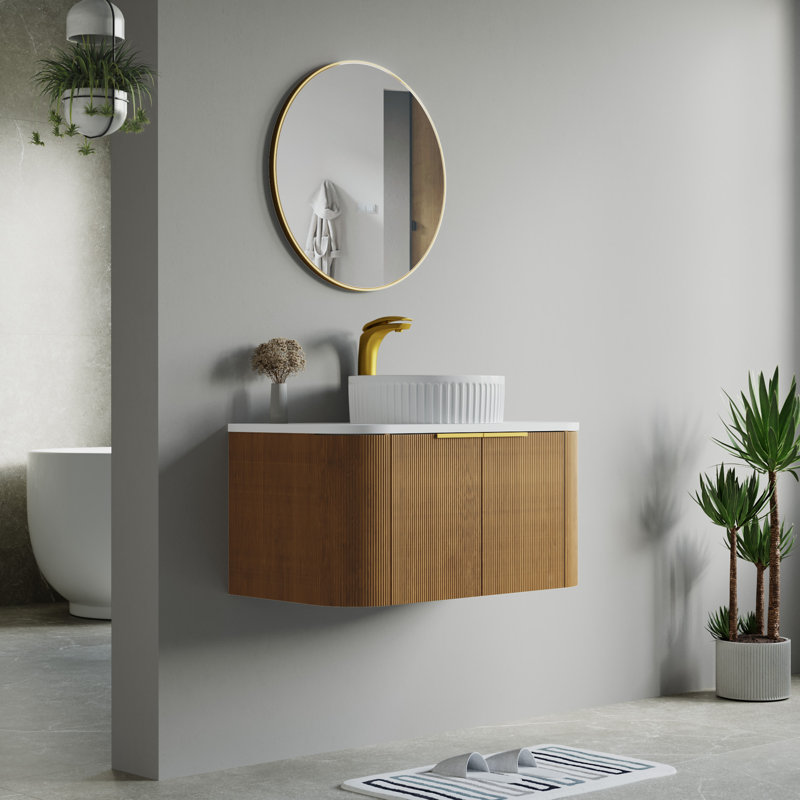 Vireo 34" Single Bathroom Vanity with Marble Top, White, Oak Natural