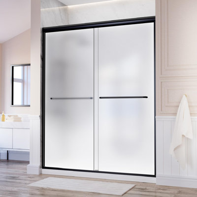 Porte de douche semi-sans cadre à double porte coulissante de 44 à 48 po x H 72 po avec deux barres à serviettes noires