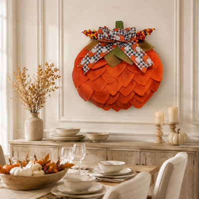 Artificial Pumpkin Wreath with Plaid Ribbon Bow, Fall Front Door Decoration for Autumn and Thanksgiving Home Décor