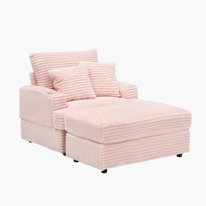 Comfortable Spring Armchair and Ottoman Set with Cup Holder and Corduroy, Pink