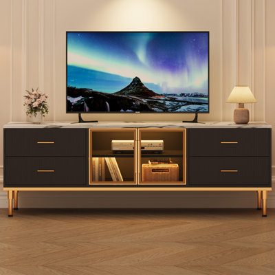 Meuble télé 66 po avec lumières DEL et meuble télé moderne cannelé de 65 po / 70 po / 75 po avec meuble télé et armoires de rangement pour le salon et la chambre à coucher