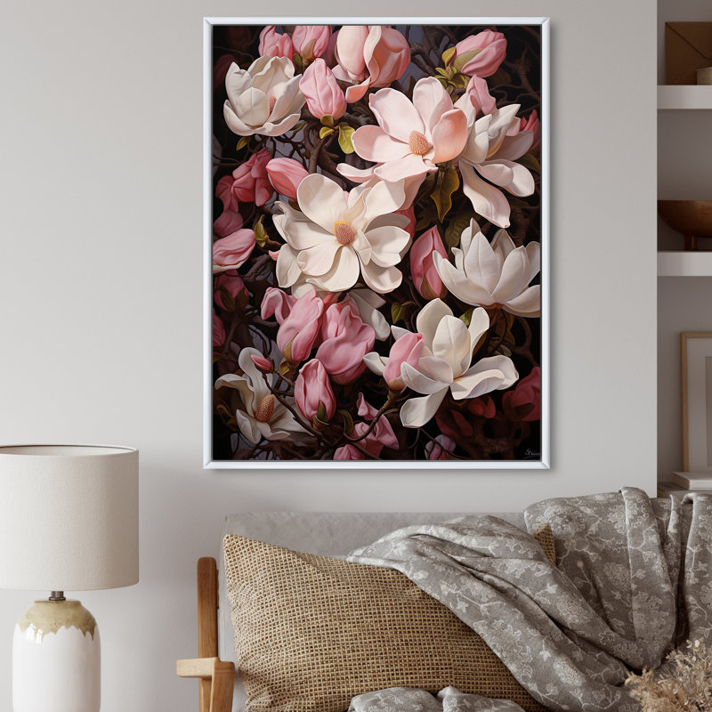 Rose, blanc, magnolia et magnolia - Étreinte, H 20 po x l 12 po x P 1 po, Cadre flottant blanc