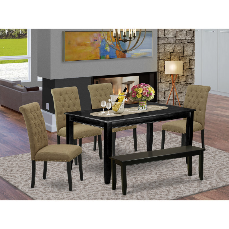 Bowenvale Person Rubberwood Solid Wood Dining Set, Black, Light Sable, 6 Pieces: Table, Bench, 4 Chairs