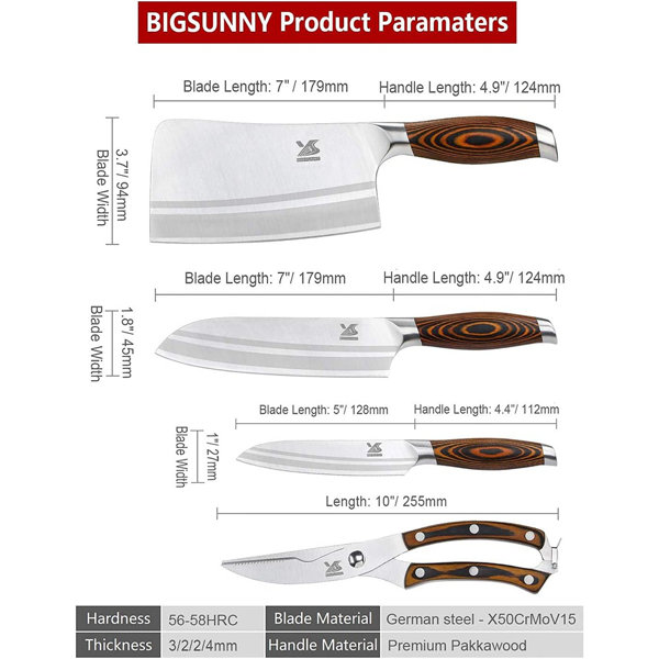 BIGSUNNY Knife Set, Kitchen Knife Set with Pakkawood Handle, Sharp