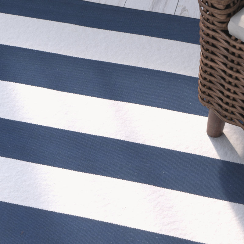Tapis bleu marine / ivoire rayé tissé à plat à la main Brookvale, Carré 9 pi