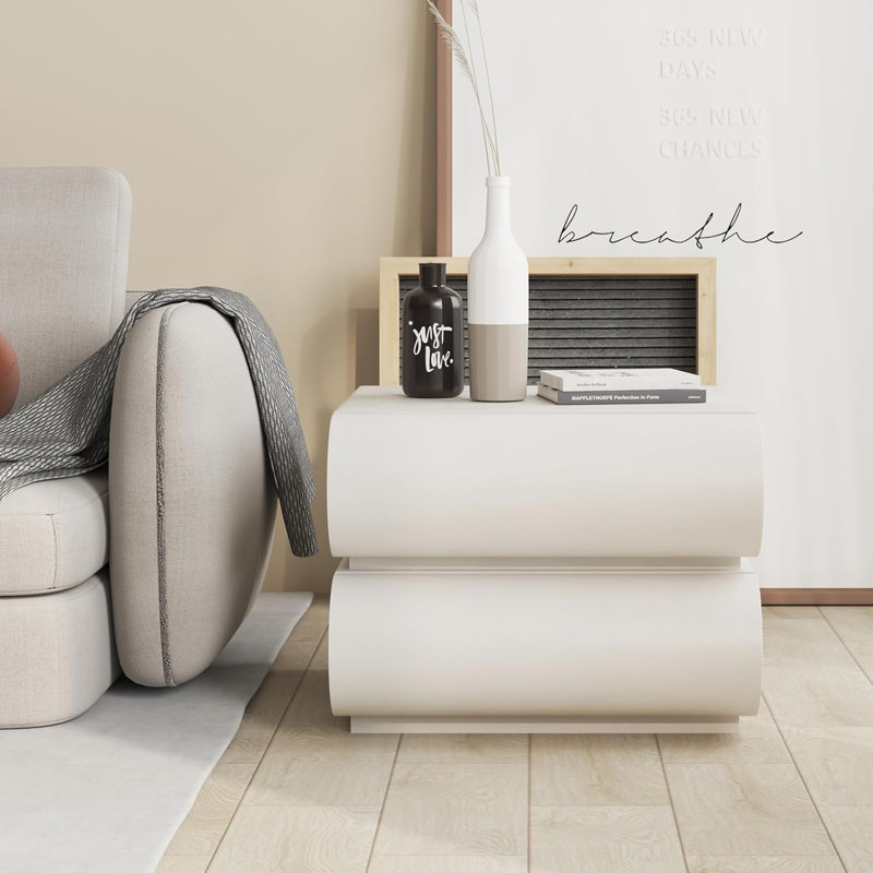 Modern Curved 2-Drawer Nightstand in Cream White – Italian Minimalist Design with Soft-Close Drawers & Rounded Edges for Bedroom Storage