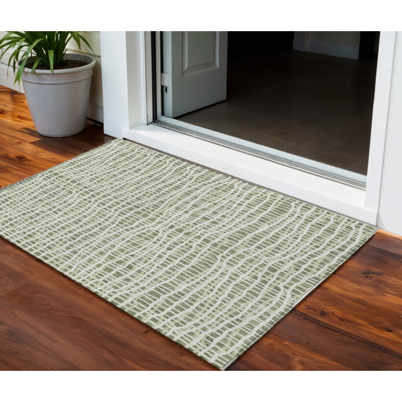 Tapis extérieur lavable rayé vert et ivoire 3 pi x 5 pi