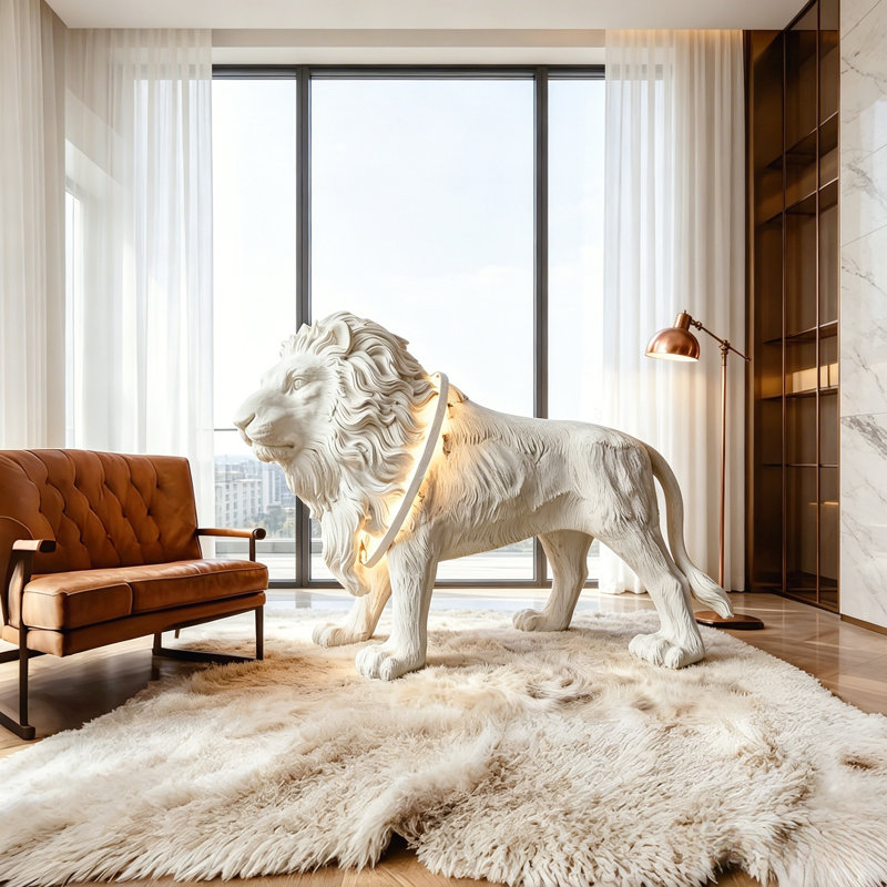 Grande sculpture sur pied 51,5 po blanc mat avec anneau lumineux intégré, majestueux décor animal contemporain