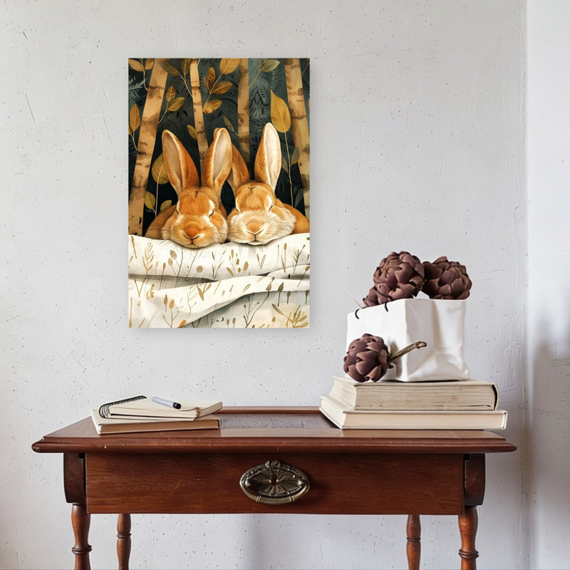 «Sleeping Woodland Bunnies Peaceful Abstract Contemporary Lapin Autumn Forest», reproduction d'art, H 24 po x l 16 po