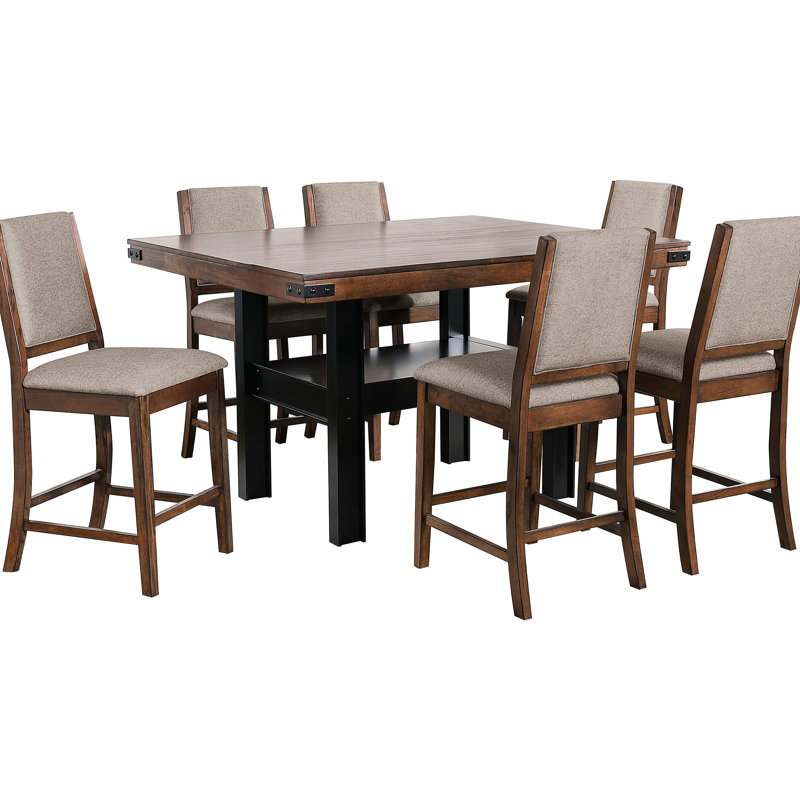 Ensemble de salle à manger 7 pièces, avec table rectangulaire, sièges rembourrés beiges et chaises de table esthétiques en chêne manguier noir, style industriel